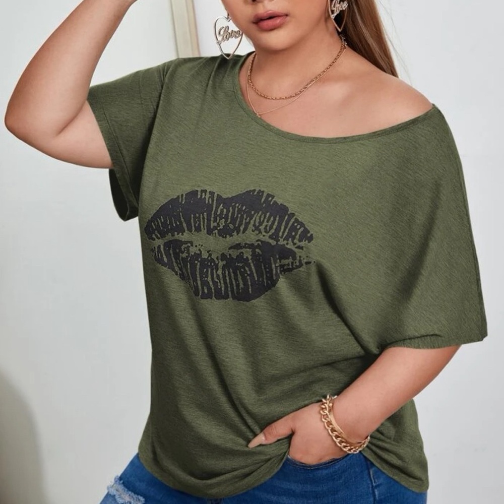 Plus Lip Print Batwing Sleeve Tee
